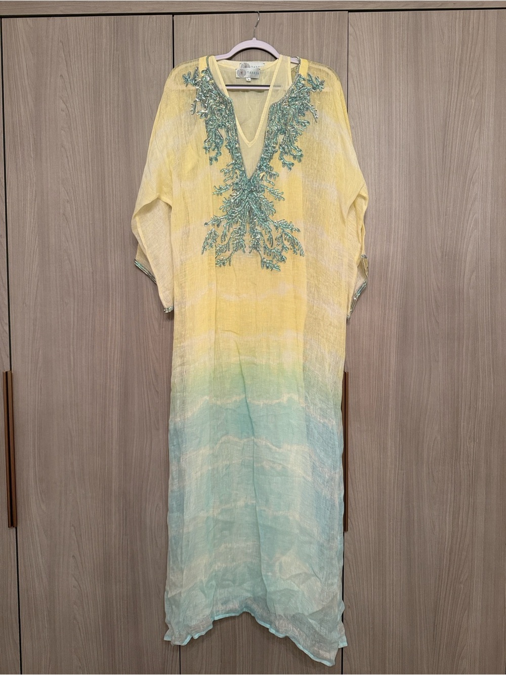 Tasha Yellow to Aqua Ombre Maxi Caftan with Aqua Embroidery